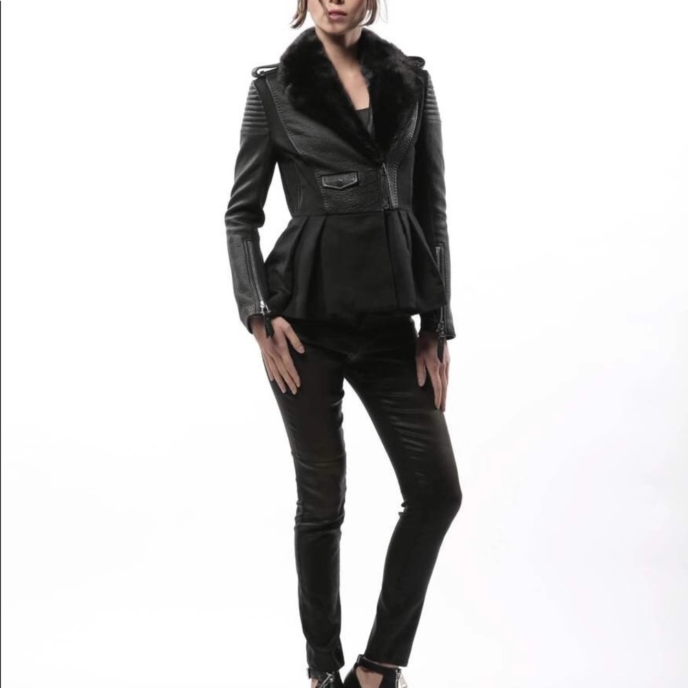 Black biker jacket with fur trim on collar